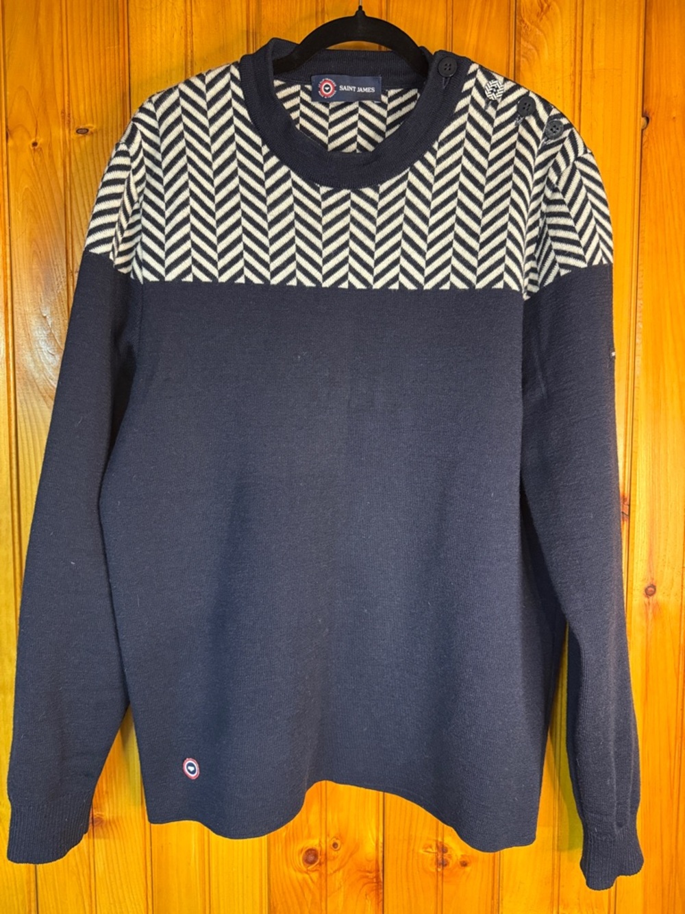 Saint James Navy Crewneck Sweater with White Chevron Yoke
